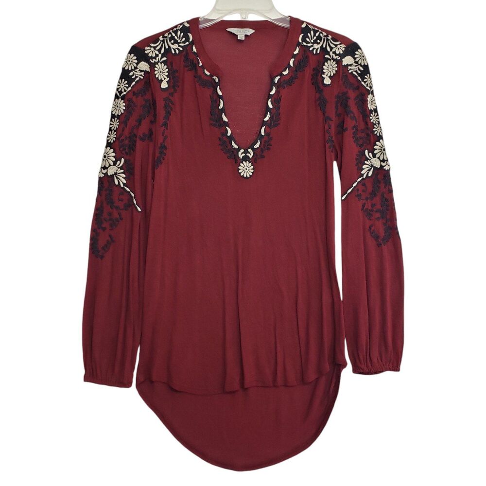 Lucky Brand Burgundy Floral Embroidered V-Neck Blouse